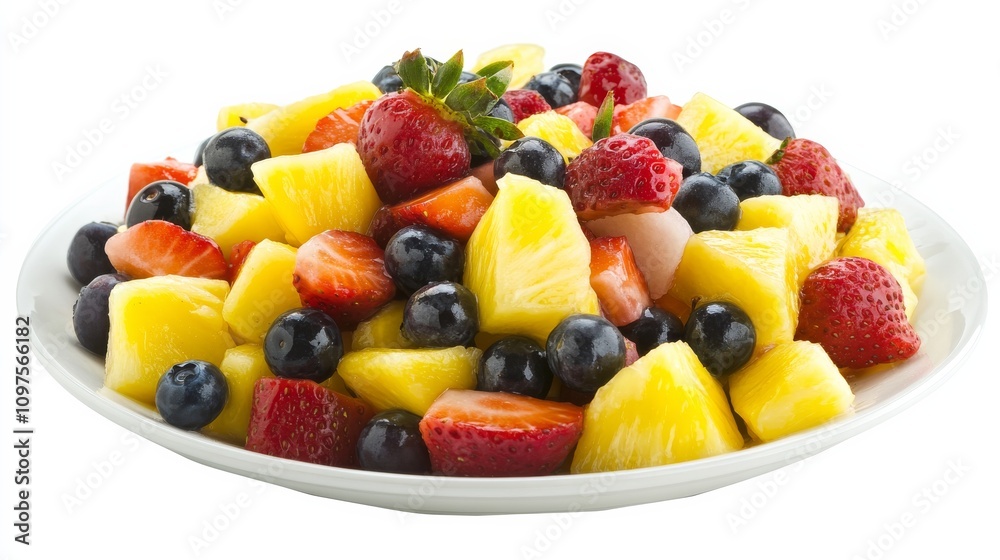 A plate of colorful fruit salad with chunks of pineapple, strawberries, blueberries A plate of colorful fruit salad with chunks of pineapple, strawberries, blueberries
