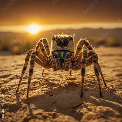 Sun spider basking under a radiant, golden desert sky.

 photo