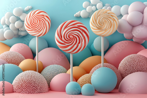 Colorful lollipops and a candy land background with clouds. Pastel colors. Fantasy sweet world concept. photo