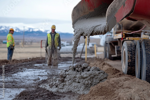 Close-up of cement being poured from a truck into a foundation mold photo