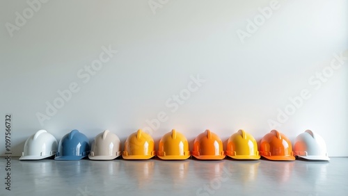 Vibrant lineup of hard hats on a table, highlighting safety culture in the workplace