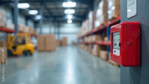 Fire alarm unit on industrial wall, showcasing emergency preparedness with clear background and copyspace