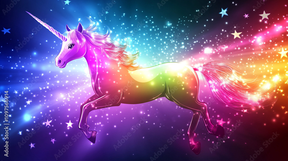 Magical unicorn galloping through a vibrant starlit landscape at night Magical unicorn galloping through a vibrant starlit landscape at night