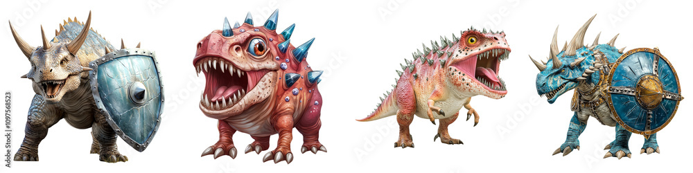 Naklejka premium dinosaur fantasy on Transparent Background concept. Four colorful, fantastical creatures with unique features, including spikes, shields, and different textures, showcasing vibrant designs and dynamic