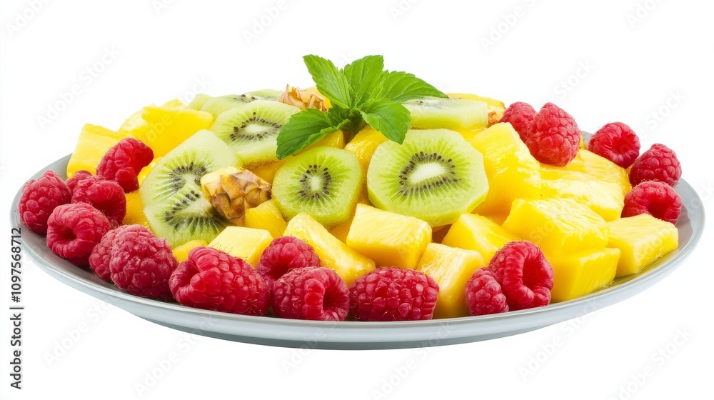 A plate of colorful fruit salad with slices of mango, pineapple, kiwi A plate of colorful fruit salad with slices of mango, pineapple, kiwi