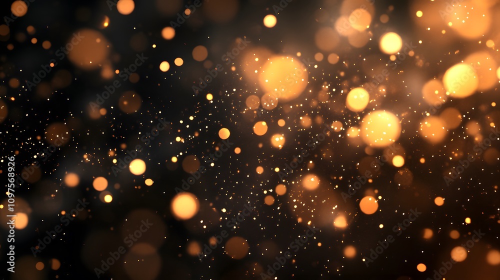 Naklejka premium Glittering golden bokeh lights on a dark background create a festive atmosphere.