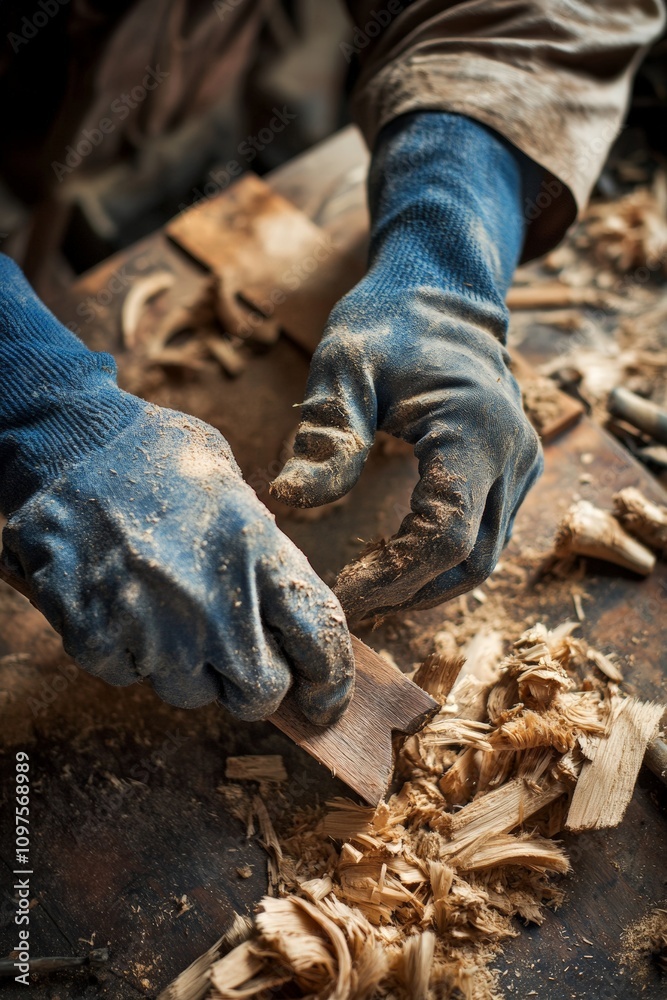 Obraz premium Skilled Carpenter Shaping Wood: Close-Up of Hands in Blue Gloves Working with Shavings and Tools on Rustic Workbench