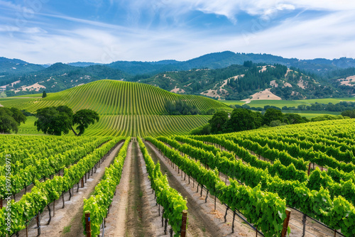 Golden sunlight over lush vineyard rolling across hillsides photo