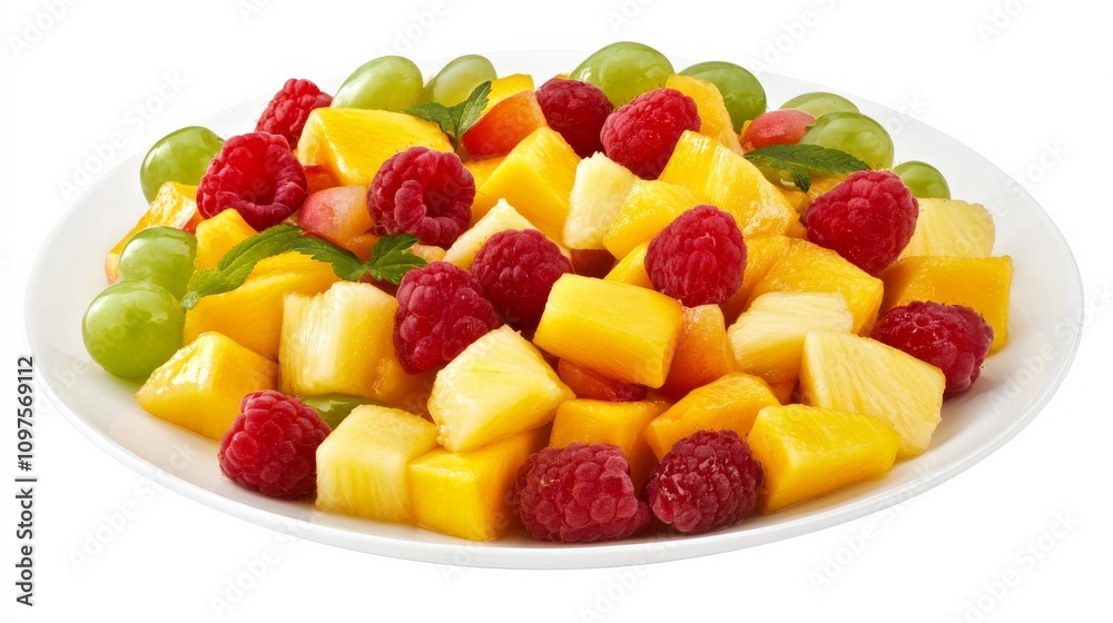 A plate of colorful fruit salad with slices of mango, pineapple, strawberries A plate of colorful fruit salad with slices of mango, pineapple, strawberries