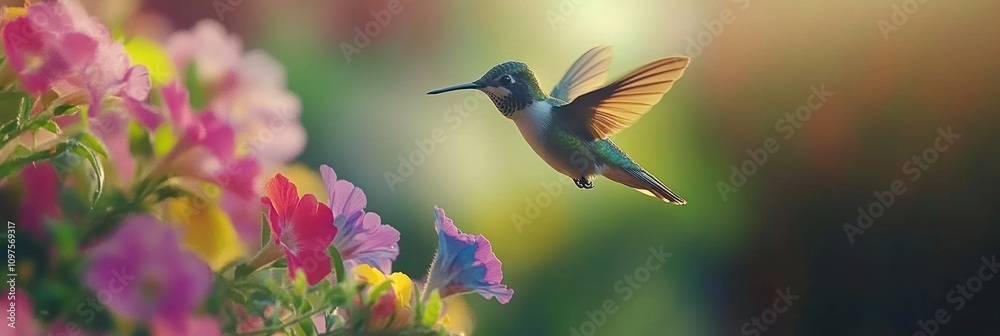 Obraz premium A hummingbird hovering near colorful flowers in a serene garden setting.