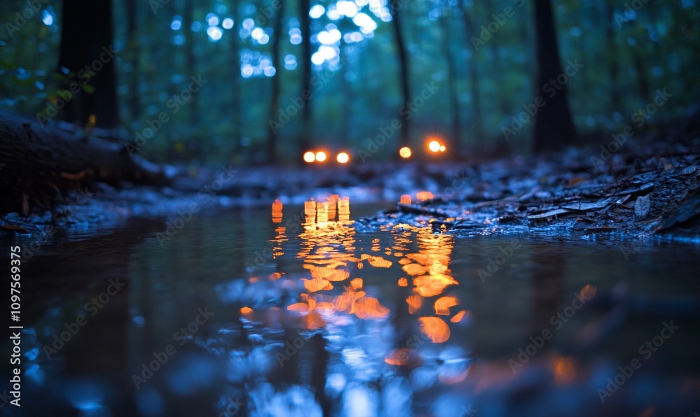 Eerie forest puddle reflecting lights at night. Eerie forest puddle reflecting lights at night.