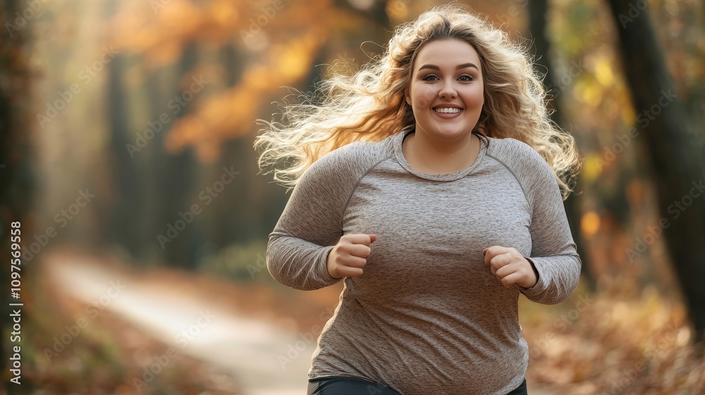 Happy Curvy Woman Running in Autumn Woods, Fitness Motivation, Body Positivity, Outdoor Workout Happy Curvy Woman Running in Autumn Woods, Fitness Motivation, Body Positivity, Outdoor Workout