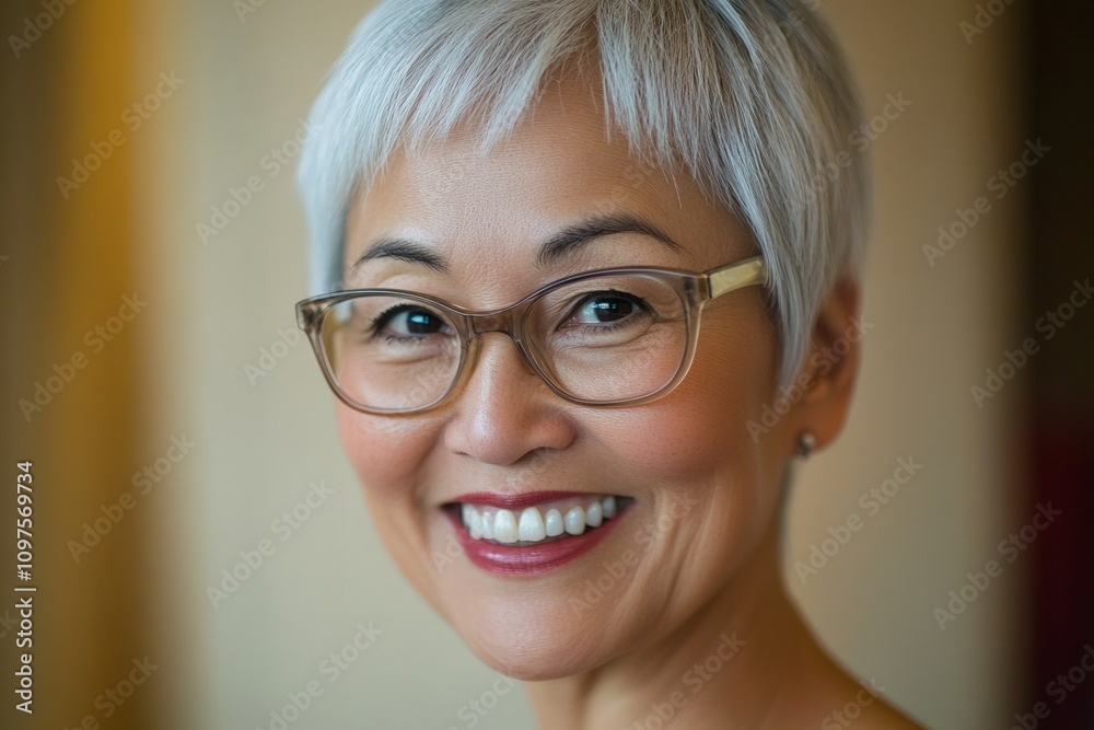 Smiling Senior Woman with Short Silver Hair and Glasses: Portrait of Confidence and Joy in Natural Light Smiling Senior Woman with Short Silver Hair and Glasses: Portrait of Confidence and Joy in Natural Light