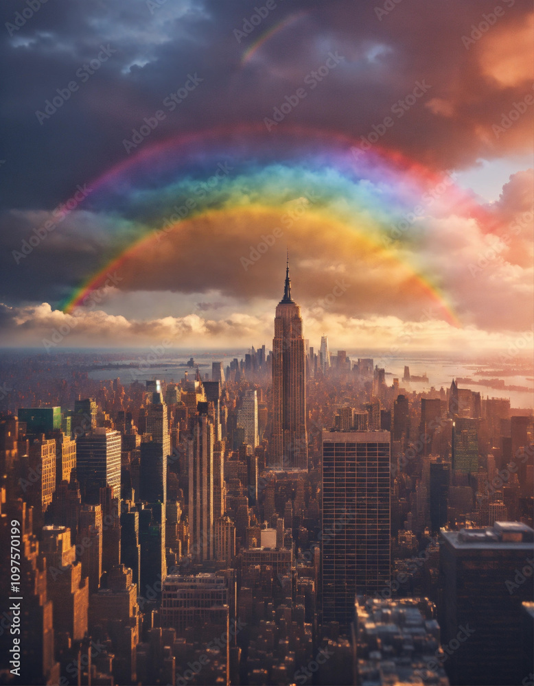Rainbow on a New York City floating on clouds, sharp focus, trending on artstation, cinematic lighting, hyper realism, octane render, 8 k, hyper detailed. Rainbow on a New York City floating on clouds, sharp focus, trending on artstation, cinematic lighting, hyper realism, octane render, 8 k, hyper detailed.