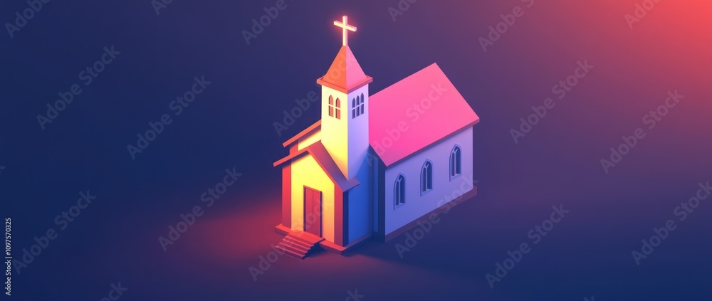A stylized church model illuminated with soft colors, symbolizing spirituality and community. A stylized church model illuminated with soft colors, symbolizing spirituality and community.