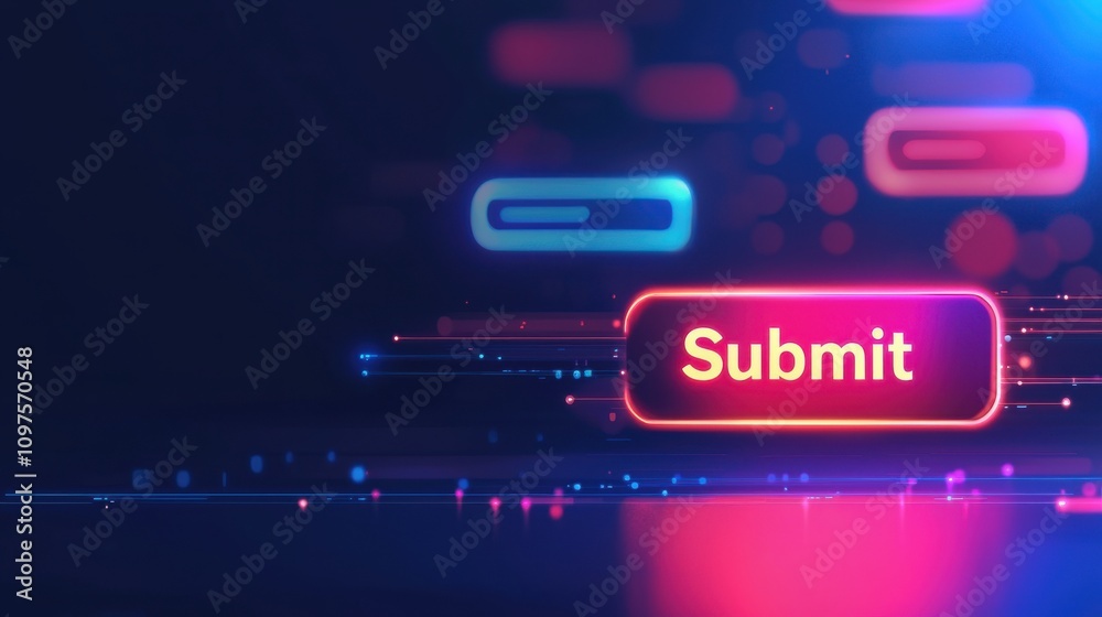 A vibrant digital background featuring a glowing 'Submit' button, perfect for user interface design, websites, and apps. A vibrant digital background featuring a glowing 'Submit' button, perfect for user interface design, websites, and apps.