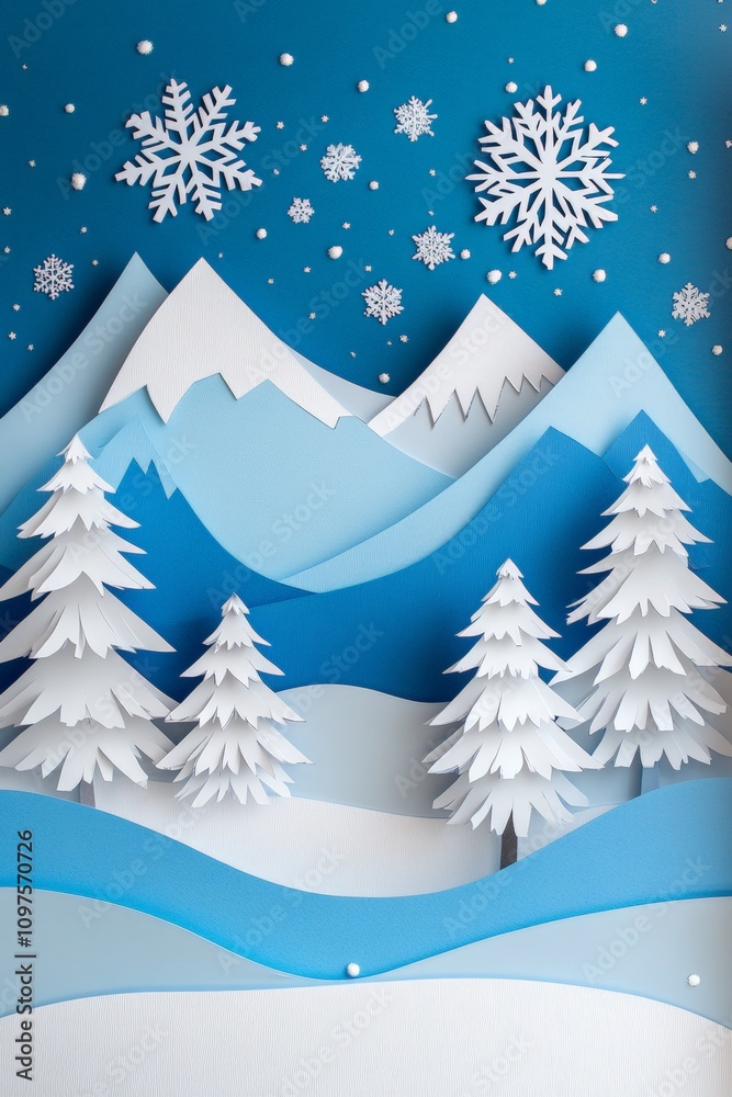 Obraz premium Stunning Winter Landscape in Paper Craft Style: Snowy Mountains, Pine Trees, and Floating Snowflakes – Perfect for Holiday Design and Decorations
