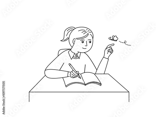 ADHD girl writing and having a short attention span and being easily distracted, outline cartoon.