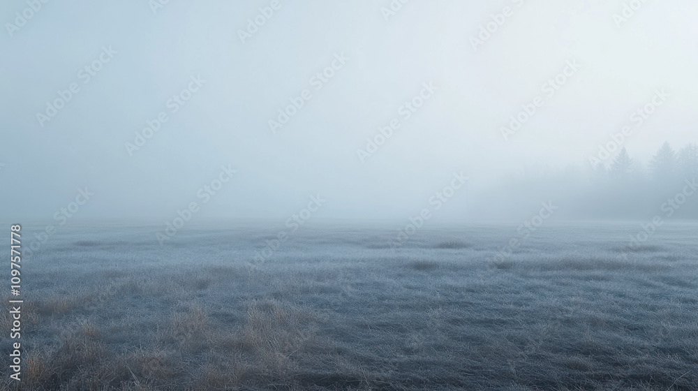 A quiet, foggy morning over a wide-open field with a soft, ethereal quality A quiet, foggy morning over a wide-open field with a soft, ethereal quality
