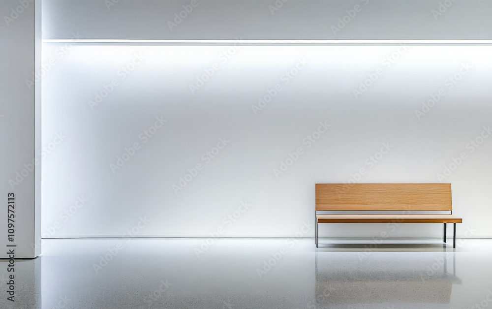 Obraz premium Minimalist interior design featuring wooden bench against bright wall in modern space
