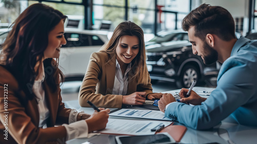 Wallpaper Mural A young female consultant assists a couple sitting in a new car as they sign a contract in an auto showroom, representing car rental or purchase services. Torontodigital.ca