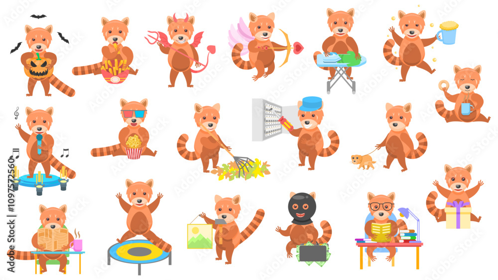 Big Set Abstract Collection Flat Cartoon Different Animal Red Pandas Vector Design Style Elements Fauna Wild Big Set Abstract Collection Flat Cartoon Different Animal Red Pandas Vector Design Style Elements Fauna Wild