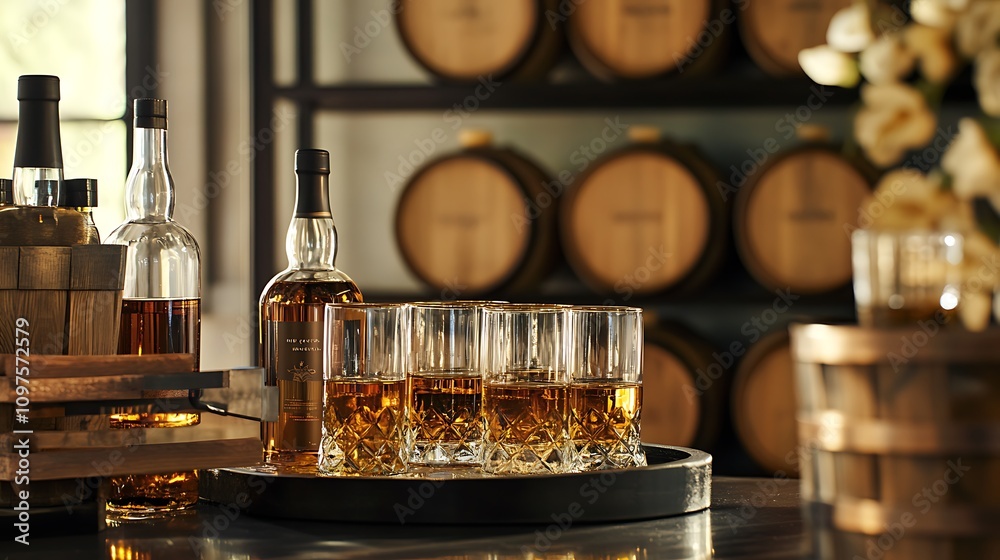 A stylish whiskey-tasting setup featuring glasses filled with golden hues of spirits against a rustic background of wooden barrels. A stylish whiskey-tasting setup featuring glasses filled with golden hues of spirits against a rustic background of wooden barrels.
