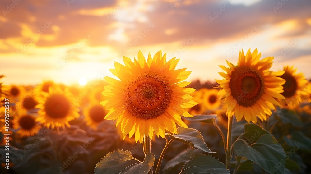 Fototapeta premium Vibrant sunflowers basking in the golden sunset glow.