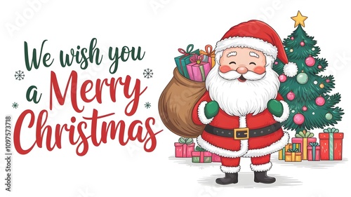 santa claus with christmas tree, Christmas card with wishes Santa and friends with Christmas tree celibrations with colourful gifts.