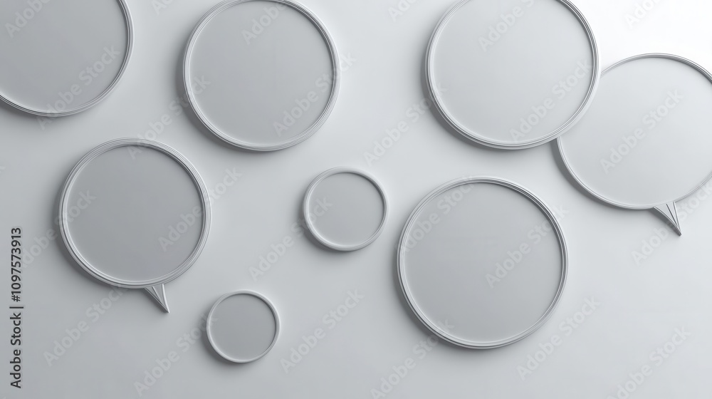 A group of circular speech bubbles with thin outlines, minimalistic style, soft gray tones, isolated on white background A group of circular speech bubbles with thin outlines, minimalistic style, soft gray tones, isolated on white background