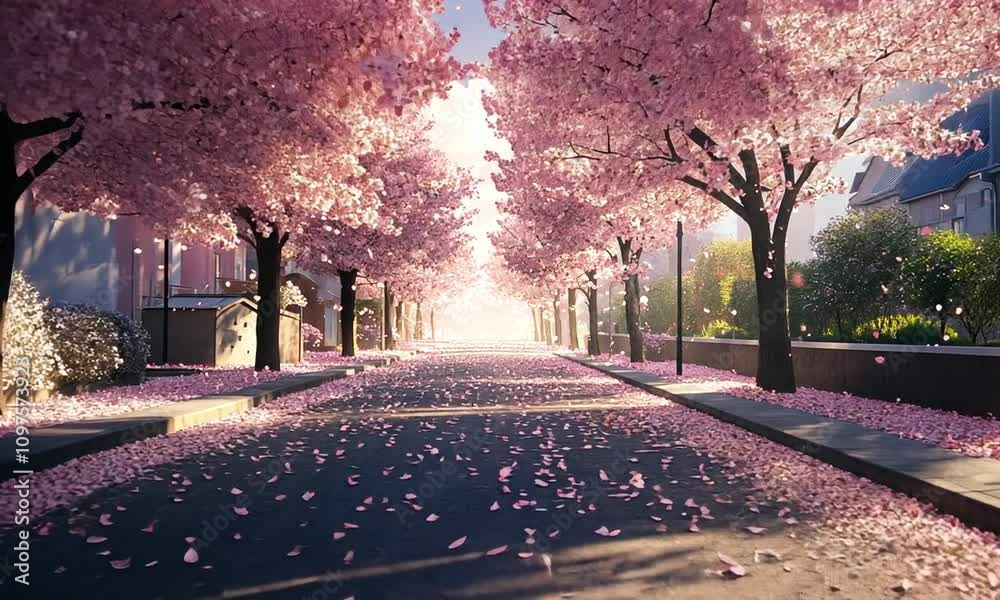 Tranquil cherry blossom-lined street. Tranquil cherry blossom-lined street.