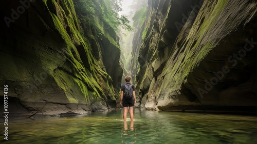 Tourists stand looking at the stunning Oneonta Gorge in the Columbia River Gorge, Oregon, USA. photo