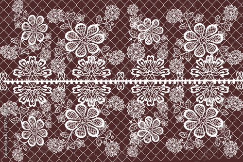 pWhite seamless geometric lace pattern, brown mesh background. Vector illustration. Curtain. Fashion clothing.attern