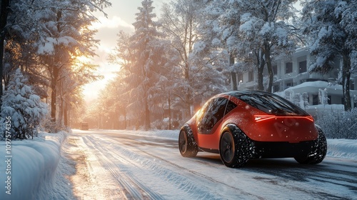 Futuristic Red Electric Car Driving on Snowy Road in Winter Suburb, Autonomous Vehicle Technology