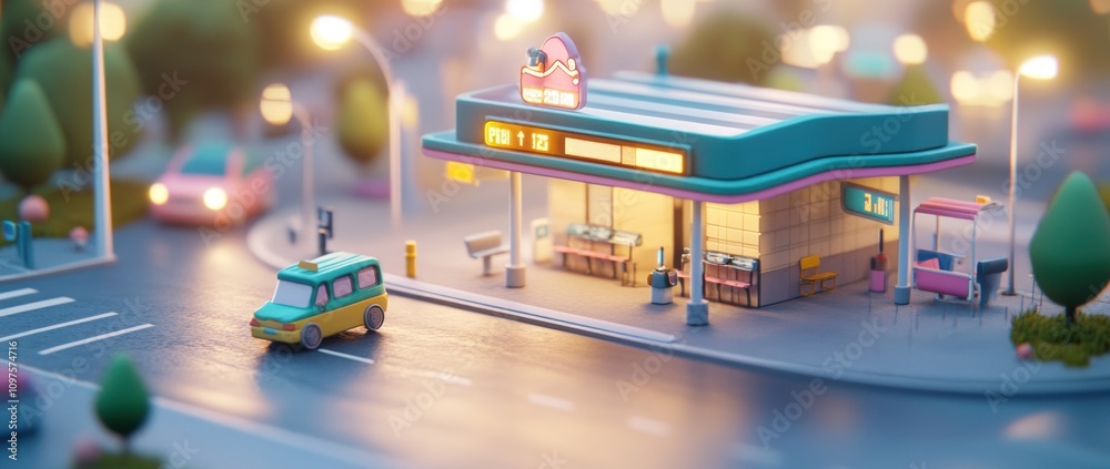 Obraz premium A colorful miniature scene of a diner with a car on a road, illuminated by soft lights.