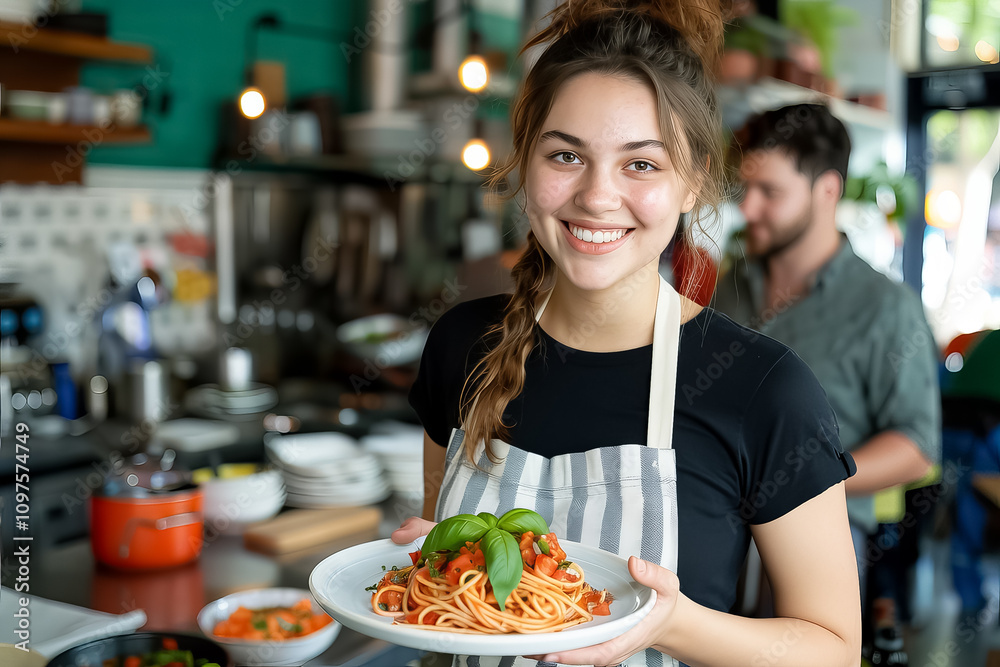 A woman is holding a plate of spaghetti with a smile on her face A woman is holding a plate of spaghetti with a smile on her face
