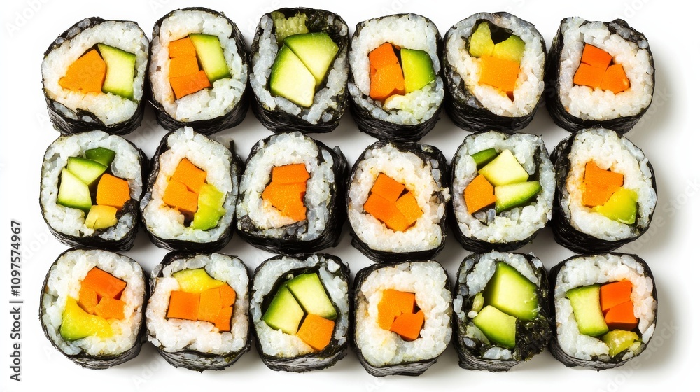 A plate of colorful vegetable sushi rolls with cucumber, avocado, carrot A plate of colorful vegetable sushi rolls with cucumber, avocado, carrot