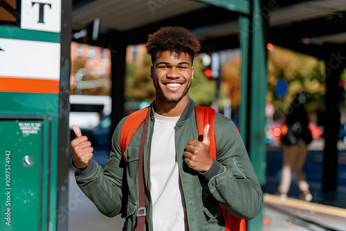 A young man wearing a green jacket and red backpack is smiling