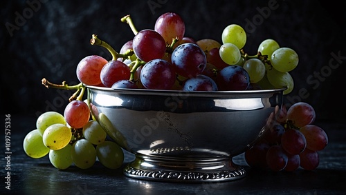 Bunch of grapes on silver bowl with moody lighting

