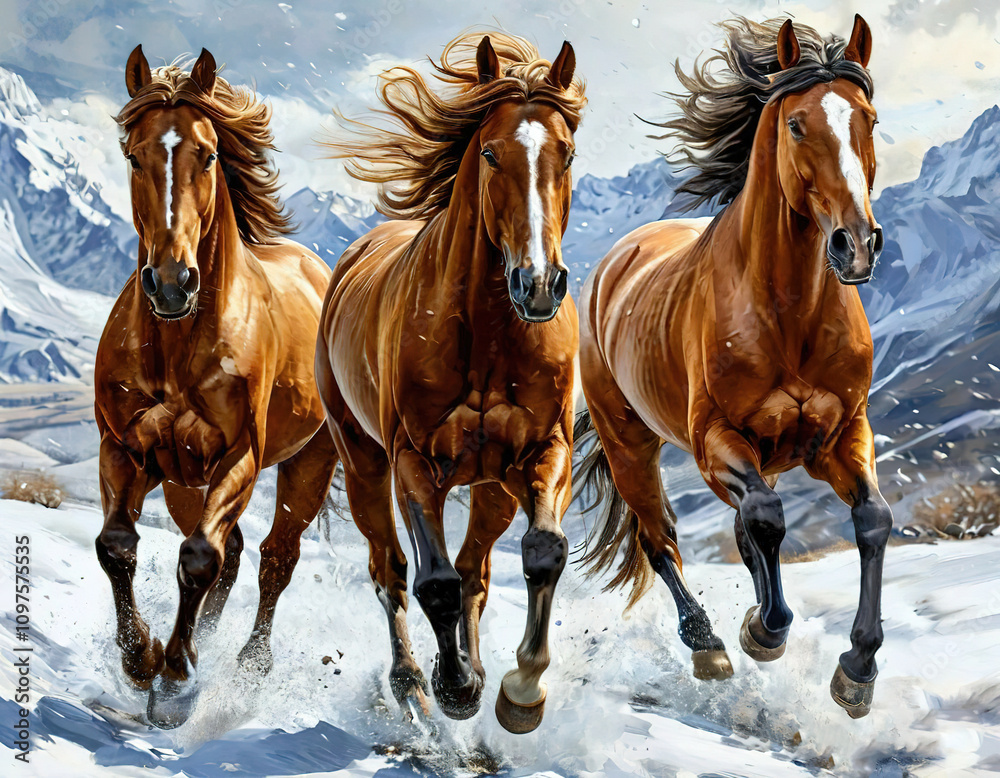 horses running in the snow. beautiful animals illustration. horses running in the snow. beautiful animals illustration.