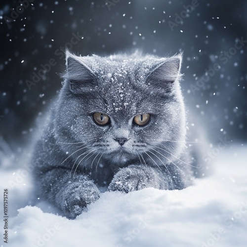 Chinchilla cat playing in the snow in the falling snow.2