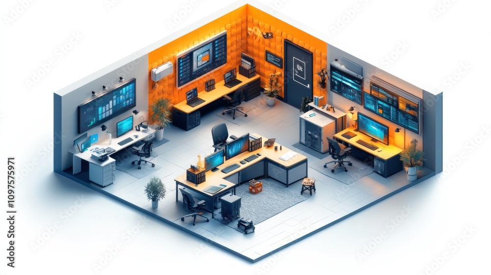 Modern Tech Office Isometric 3D Render: High-Tech Workspace Design Modern Tech Office Isometric 3D Render: High-Tech Workspace Design