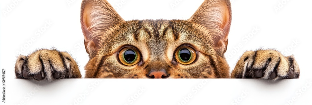 Fototapeta premium A curious cat peeking over a white surface, showcasing its expressive eyes and paws.