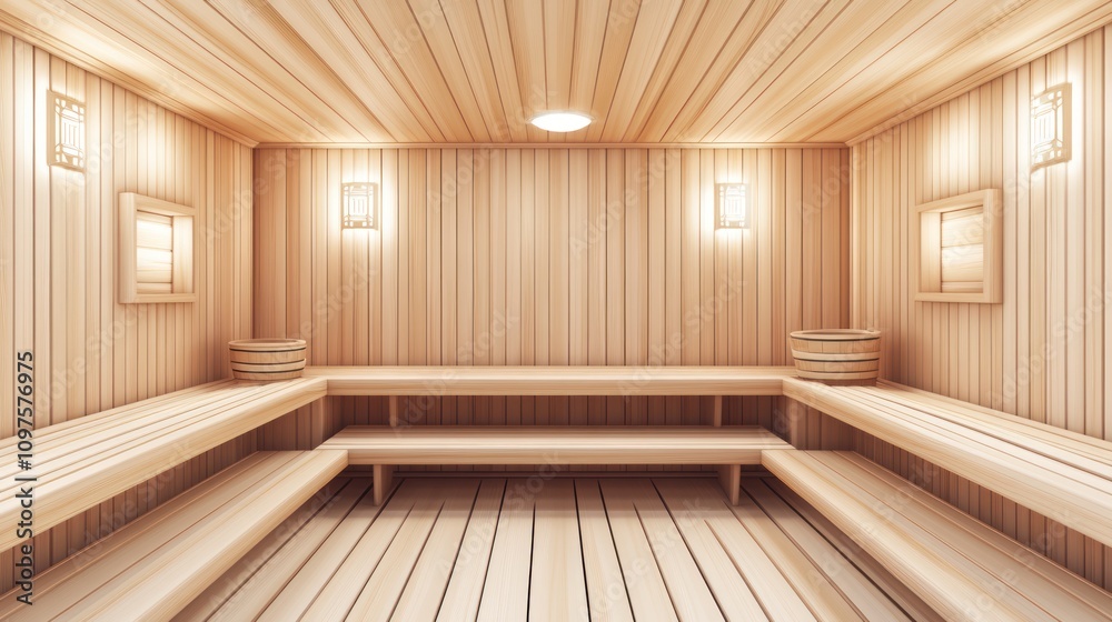 Fototapeta premium Serene Wooden Sauna Interior Design: A Relaxing Spa Experience