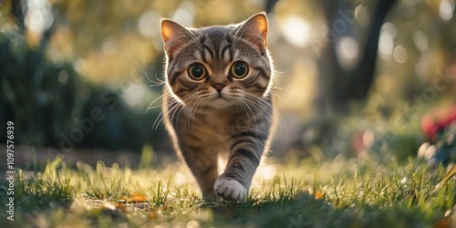 A Scottish Fold cat is walking, with big round eyes and full view2 photo