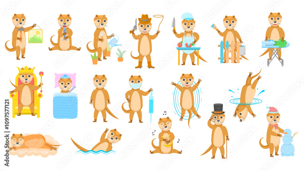 Set Abstract Collection Flat Cartoon Different Animal Otters Vector Design Style Elements Fauna Wildlife Set Abstract Collection Flat Cartoon Different Animal Otters Vector Design Style Elements Fauna Wildlife