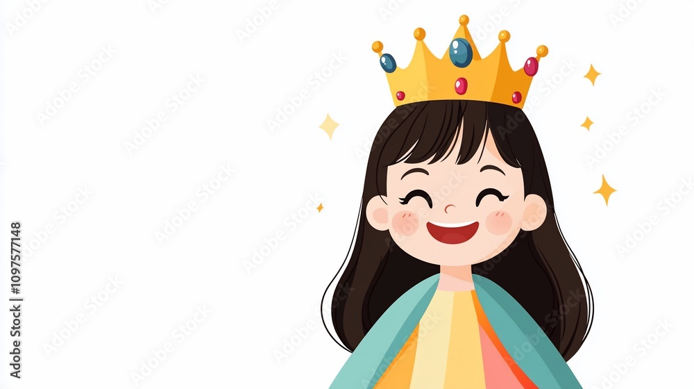 Happy girl wearing a crown and rainbow cape. Happy girl wearing a crown and rainbow cape.
