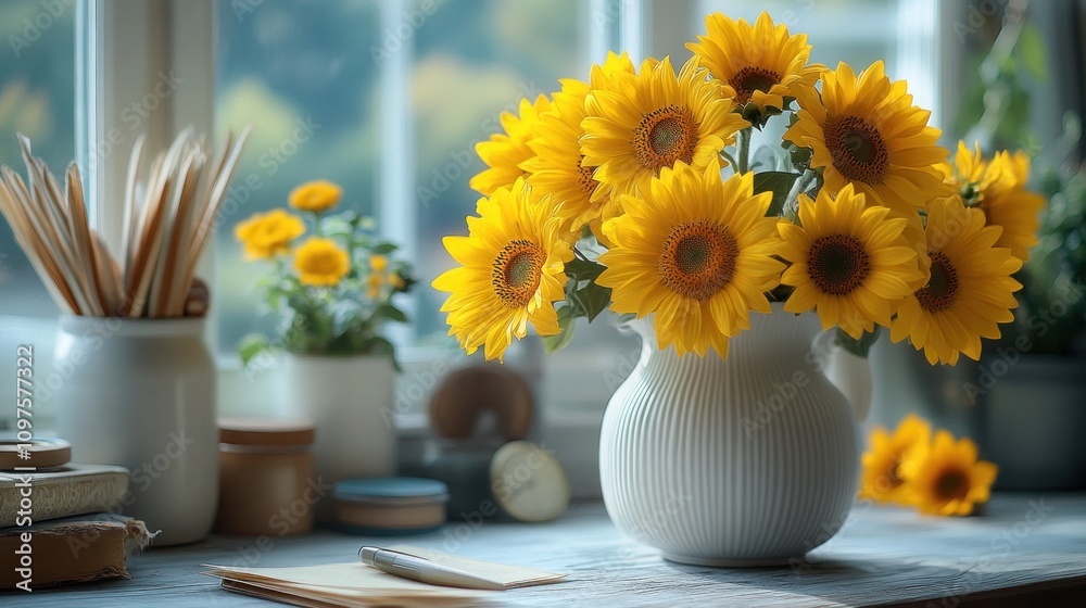 Sunflowers in a White Vase on a Window Sill, Rustic Still Life Photography