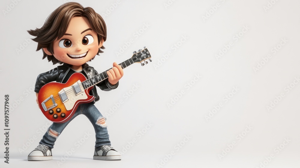 A cartoon character playing an electric guitar with a cheerful expression. A cartoon character playing an electric guitar with a cheerful expression.