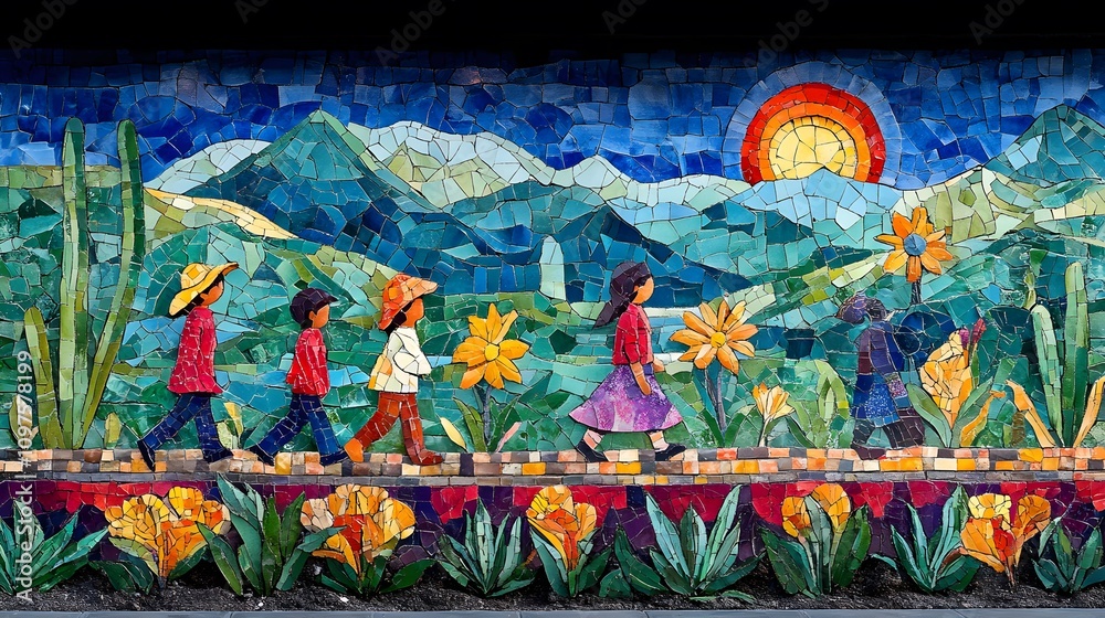 Fototapeta premium Vibrant depiction of migrants walking past mountains, carrying their hopes and dreams